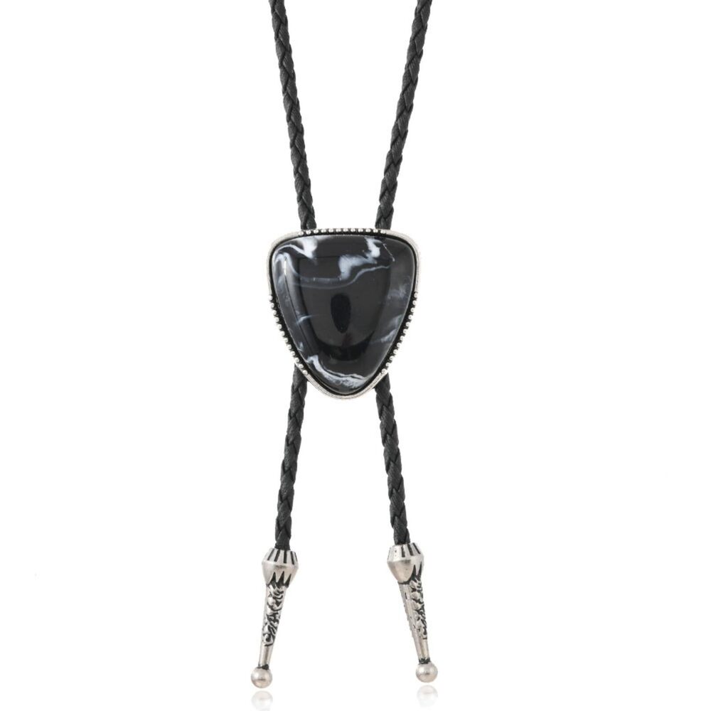 4112 Cowboy Bolo Tie , Western Leather Braided Necktie Triangle Agate Shape